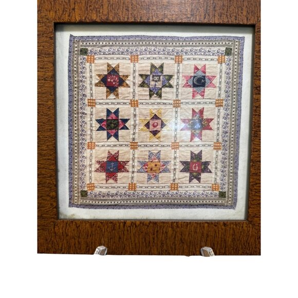 Vintage ? Framed Quilt Star Patchwork Print Wall Art 10"x10" With Rustic Wooden - Picture 2 of 16
